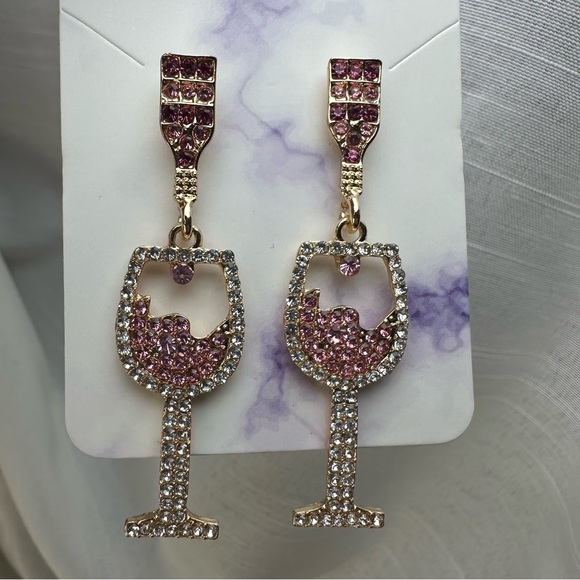 Wine Glass Earrings with Pink and Clear Crystals - Picture 2 of 5
